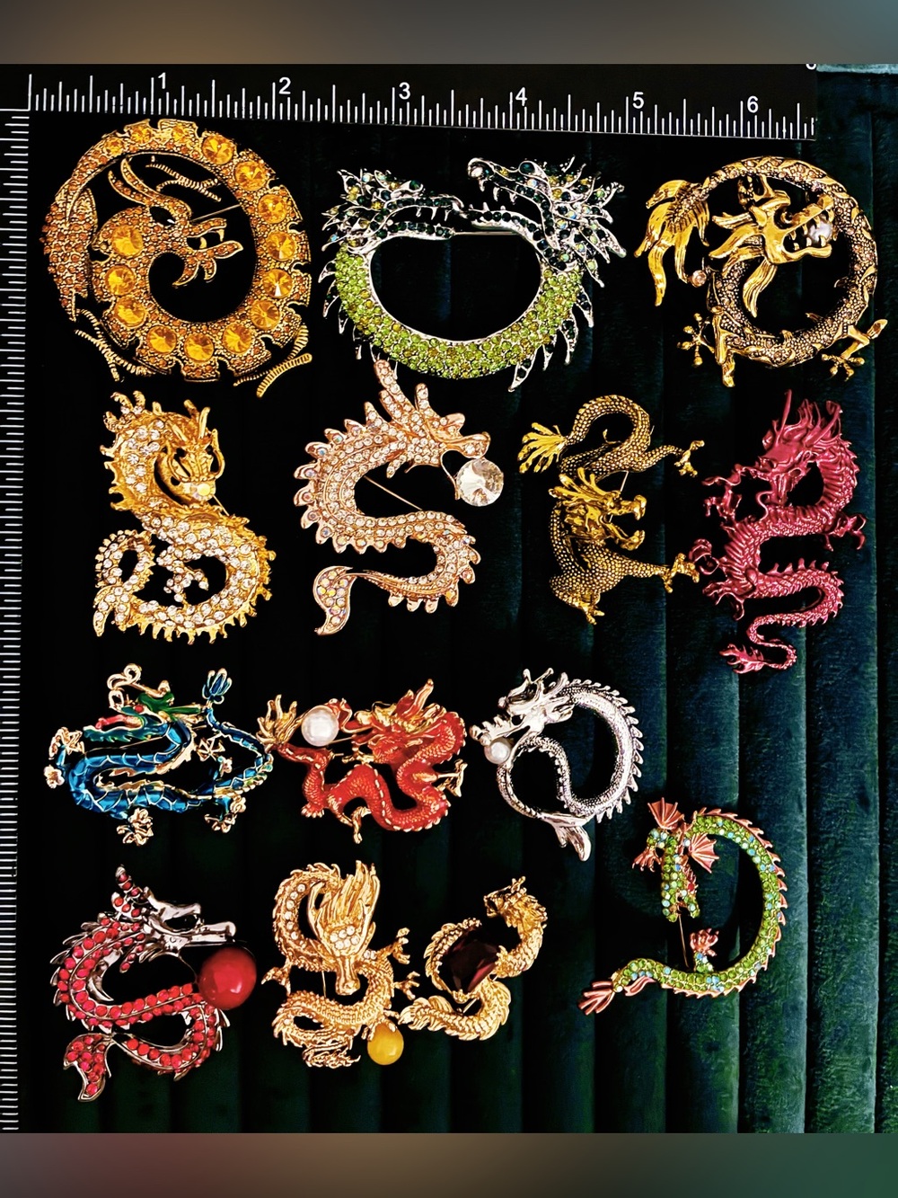 Lot of 14 Rhinestone Dragon Brooch Pin Set Mythical Animal Brooches